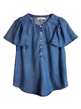 LOFT Chambray Lyocell Linen Blend Flutter Sleeve Blouse
